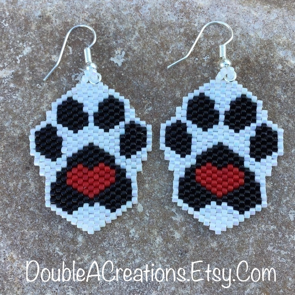 Black White And Red Puppy Love Heart Beaded Earrings, New, Handmade by Me